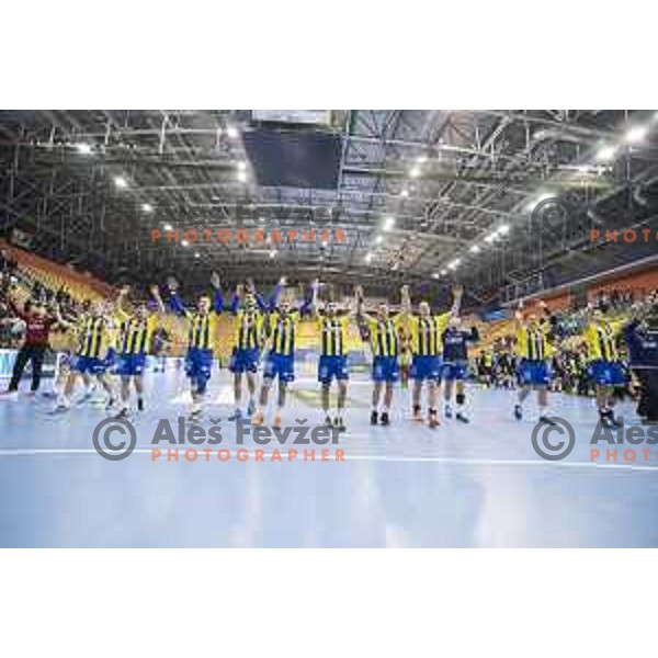 Team Celje celebrating after 10th round SEHA Gazprom League match between Celje PL and Gorenje Velenje in Zlatorog Hall, Celje on November 15th, 2016