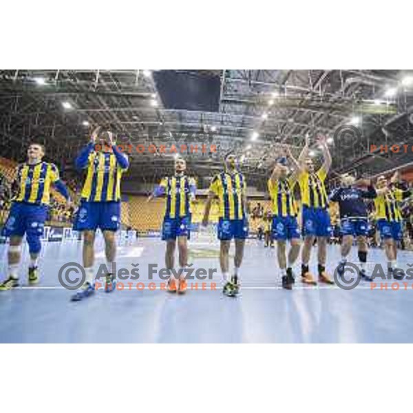 Team Celje celebrating after 10th round SEHA Gazprom League match between Celje PL and Gorenje Velenje in Zlatorog Hall, Celje on November 15th, 2016