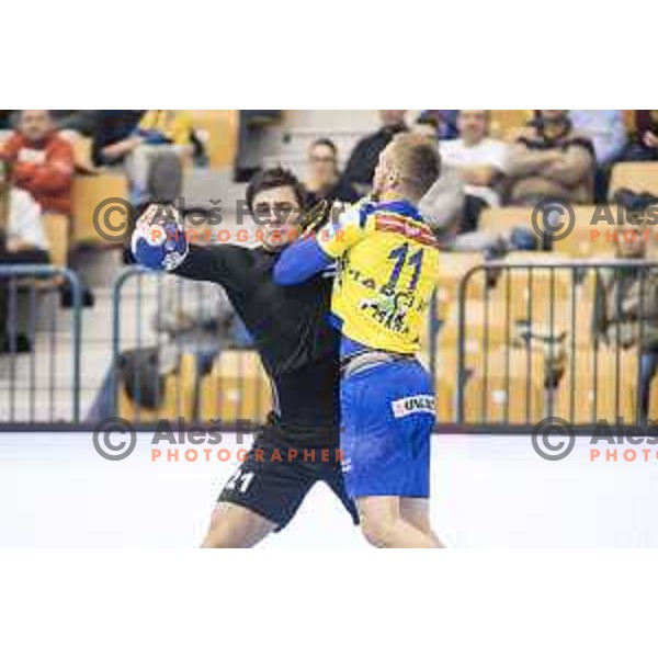 Gorenje’s left back Gregor Potocnik (21) and Celje’s right wing Gal Marguc (11) in action during 10th round SEHA Gazprom League match between Celje PL and Gorenje Velenje in Zlatorog Hall, Celje on November 15th, 2016