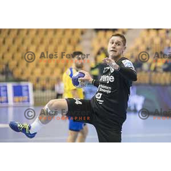 Gorenje’s centre back Anze Ratajec (34) in action during 10th round SEHA Gazprom League match between Celje PL and Gorenje Velenje in Zlatorog Hall, Celje on November 15th, 2016