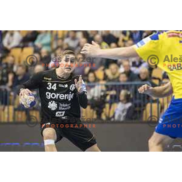 Gorenje’s centre back Anze Ratajec (34) in action during 10th round SEHA Gazprom League match between Celje PL and Gorenje Velenje in Zlatorog Hall, Celje on November 15th, 2016