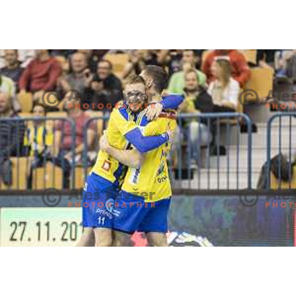 Celje’s right wing Blaz Janc (8) and Celje’s right wing Gal Marguc (11) celebrating during 10th round SEHA Gazprom League match between Celje PL and Gorenje Velenje in Zlatorog Hall, Celje on November 15th, 2016