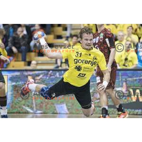 Gorenje’s left wing Janez Gams (31) in action during EHF Cup playoff match between Gorenje Velenje and Fuchse Berlin (Germany) in Red Hall, Celje on November 23th, 2016