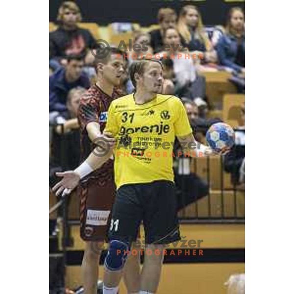 Gorenje’s left wing Janez Gams (31) in action during EHF Cup playoff match between Gorenje Velenje and Fuchse Berlin (Germany) in Red Hall, Celje on November 23th, 2016