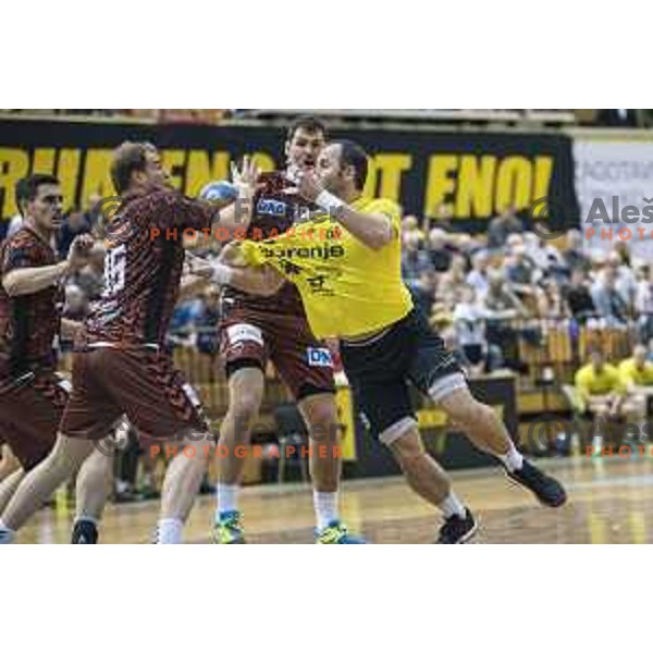 Gorenje’s line player Alem Toskic (19) in action during EHF Cup playoff match between Gorenje Velenje and Fuchse Berlin (Germany) in Red Hall, Celje on November 23th, 2016