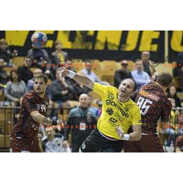 Gorenje’s line player Alem Toskic (19) in action during EHF Cup playoff match between Gorenje Velenje and Fuchse Berlin (Germany) in Red Hall, Celje on November 23th, 2016