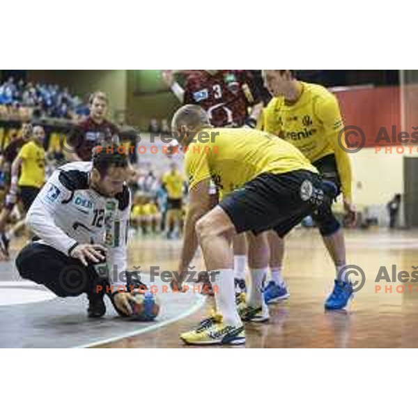 Gorenje’s left wing Niko Medved (5) in action during EHF Cup playoff match between Gorenje Velenje and Fuchse Berlin (Germany) in Red Hall, Celje on November 23th, 2016