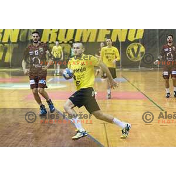 Gorenje’s left wing Niko Medved (5) in action during EHF Cup playoff match between Gorenje Velenje and Fuchse Berlin (Germany) in Red Hall, Celje on November 23th, 2016