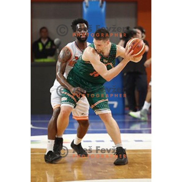 Cory Remekun of Helios Suns and Gasper Vidmar of Banvit in action during BBL Champions League basketball match between Helios Suns (Slovenia) and Banvit (Turkey) in Domzale Sports Hall, Slovenia on November 23, 2016