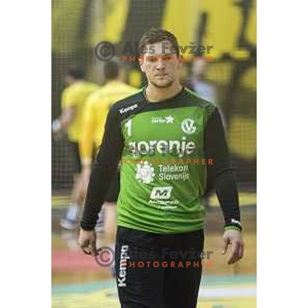 Gorenje’s goalkeeper Joze Baznik (1) reacting during EHF Cup playoff match between Gorenje Velenje and Fuchse Berlin (Germany) in Red Hall, Celje on November 23th, 2016