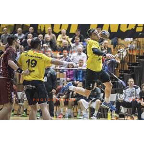 Gorenje’s right back Nejc Cehte (3) in action during EHF Cup playoff match between Gorenje Velenje and Fuchse Berlin (Germany) in Red Hall, Celje on November 23th, 2016