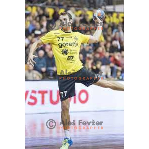 Gorenje’s right wing Matjaz Brumen (77) in action during EHF Cup playoff match between Gorenje Velenje and Fuchse Berlin (Germany) in Red Hall, Celje on November 23th, 2016 