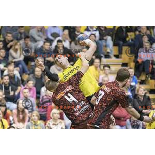 Gorenje’s right back Nejc Cehte (3) in action during EHF Cup playoff match between Gorenje Velenje and Fuchse Berlin (Germany) in Red Hall, Celje on November 23th, 2016