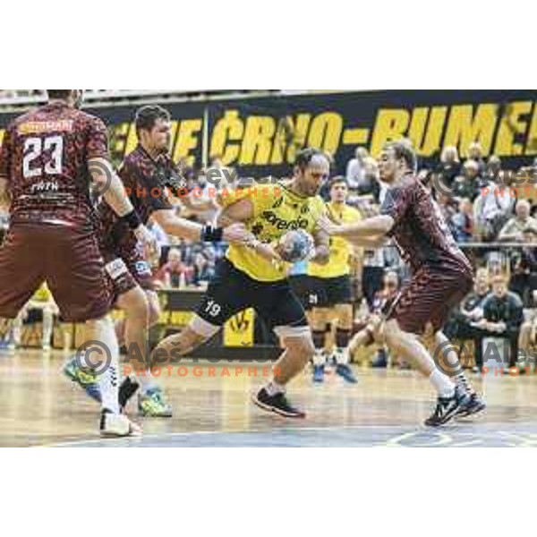 Gorenje’s line player Alem Toskic (19) in action during EHF Cup playoff match between Gorenje Velenje and Fuchse Berlin (Germany) in Red Hall, Celje on November 23th, 2016