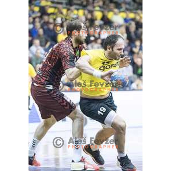 Gorenje’s line player Alem Toskic (19) in action during EHF Cup playoff match between Gorenje Velenje and Fuchse Berlin (Germany) in Red Hall, Celje on November 23th, 2016