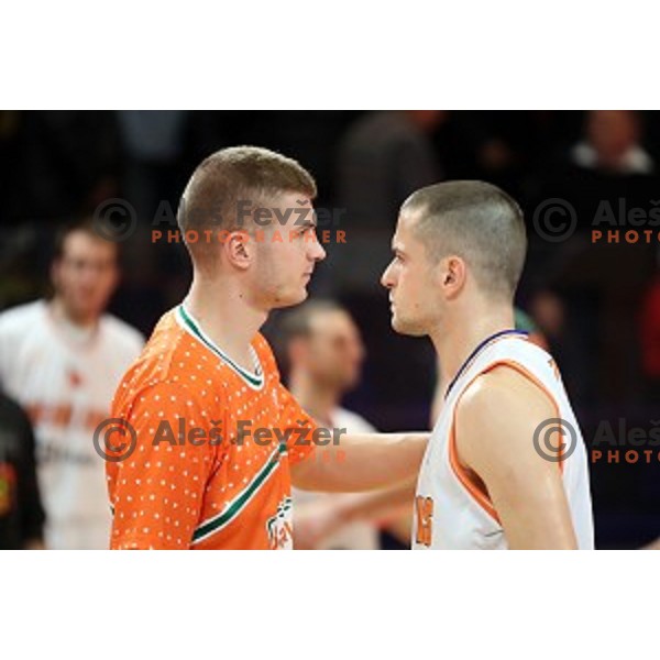 Edo Muric of Banvit and Djordje Lelic of Helios Suns during BBL Champions League basketball match between Helios Suns (Slovenia) and Banvit (Turkey) in Domzale Sports Hall, Slovenia on November 23, 2016