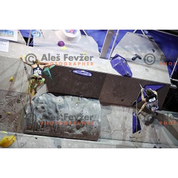 Mina Markovic (left) and Domen Skofic (right) of Slovenia compete in the semi-final of IFSC Climbing World Cup in Zlato Polje Sports Hall, Kranj, Slovenia on November 27, 2016