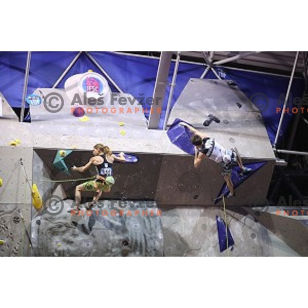 Mina Markovic (left) and Domen Skofic (right) of Slovenia compete in the semi-final of IFSC Climbing World Cup in Zlato Polje Sports Hall, Kranj, Slovenia on November 27, 2016