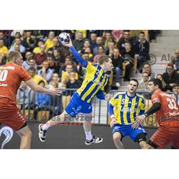 Celje’s right back Miha Zarabec (23) in action during EHF Champions League match between Celje PL (Slovenia) and Meshkov Brest (Belarus) in Zlatorog Hall, Celje on November 27th, 2016