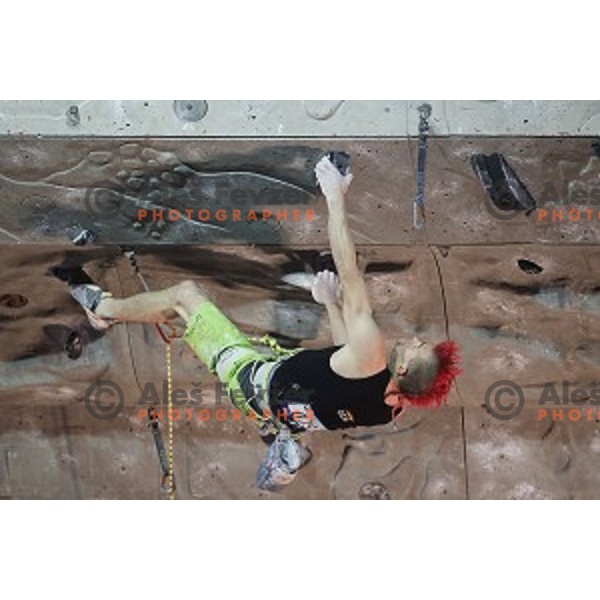 Sebastian Halenke of Germany, winner of the Final of IFSC Climbing World Cup in Zlato Polje Sports Hall, Kranj, Slovenia on November 27, 2016
