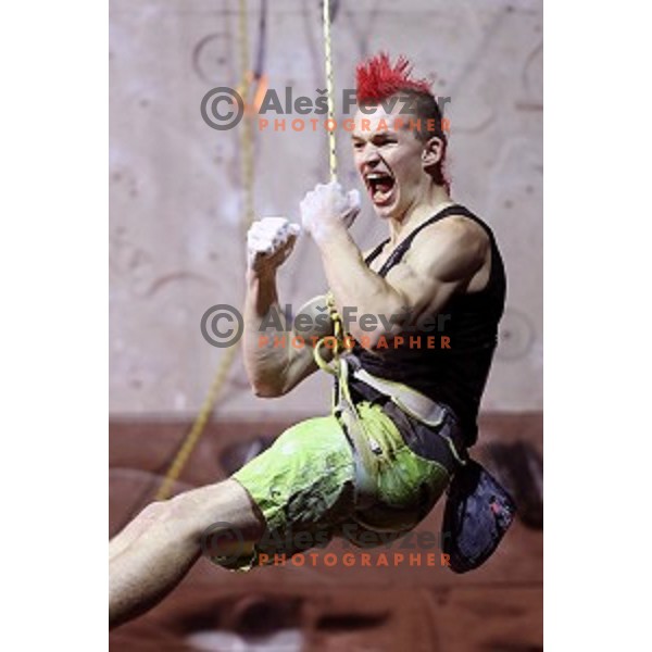 Sebastian Halenke of Germany, winner of the Final of IFSC Climbing World Cup in Zlato Polje Sports Hall, Kranj, Slovenia on November 27, 2016