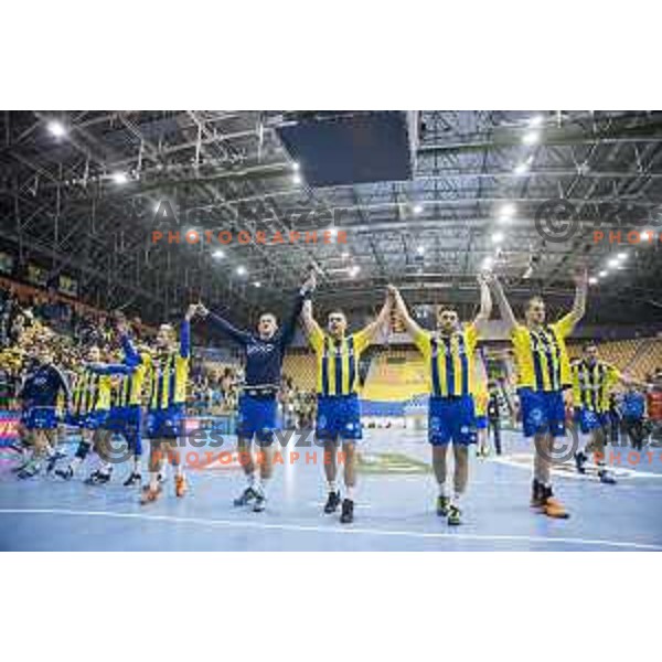 Team Celje celebrating after EHF Champions League match between Celje PL (Slovenia) and Meshkov Brest (Belarus) in Zlatorog Hall, Celje on November 27th, 2016