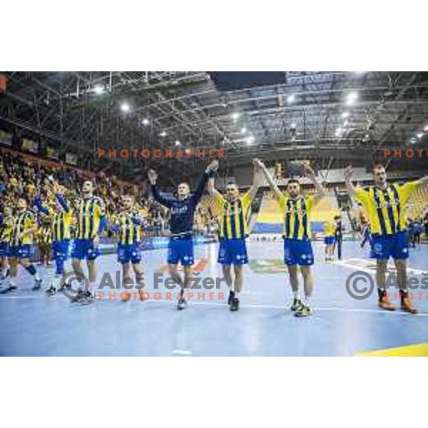 Team Celje celebrating after EHF Champions League match between Celje PL (Slovenia) and Meshkov Brest (Belarus) in Zlatorog Hall, Celje on November 27th, 2016