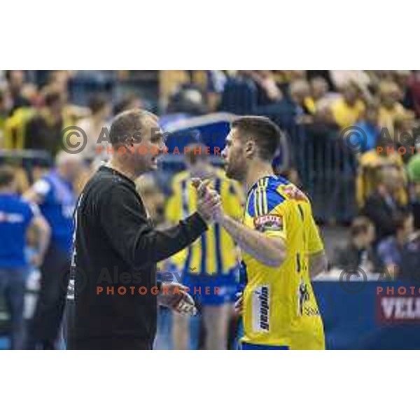 Celje’s goalkeeper Ivan Gajic (16) and Celje’s right wing Blaz Janc (8) during EHF Champions League match between Celje PL (Slovenia) and Meshkov Brest (Belarus) in Zlatorog Hall, Celje on November 27th, 2016
