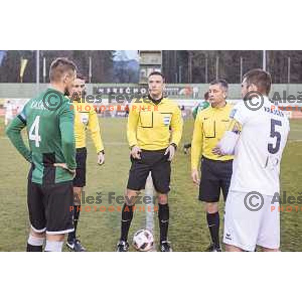 Referee Slavko Vincic, NK Rudar’s David Kasnik (4) and Krško\'s Marko Krajcer (5) in action before Prva liga Telekom Slovenije 2016-2017 football match between Rudar and Krsko in Velenje, on November 30th , 2016