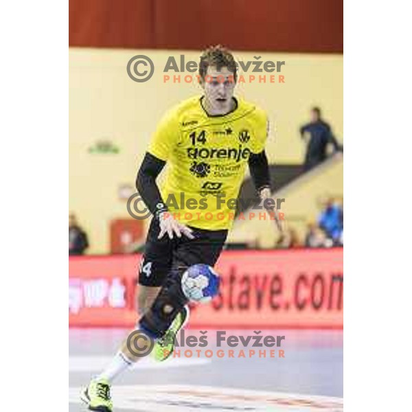Gorenje’s left back Vid Levc (14) in action during SEHA Gazprom League match between Gorenje Velenje and PPD Zagreb (Croatia) in Red Hall, Velenje on December 6th, 2016