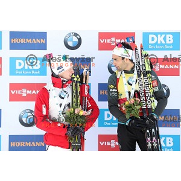 Johannes Boe (NOR), Martin Fourcade (FRA), winner of Men\'s 10 km Sprint during IBU World Cup 2016/2017 Pokljuka, Slovenia on December 9, 0216