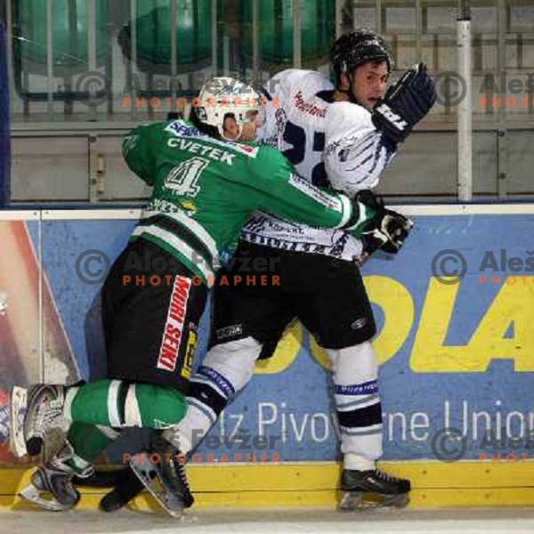 Cvetek (4) holds Gosselin (22) at ice hockey match ZM Olimpija- Alba Volan in EBEL League, played in Ljubljana 19.10.2007.ZM Olimpija won 2:0.Photo by Ales Fevzer 