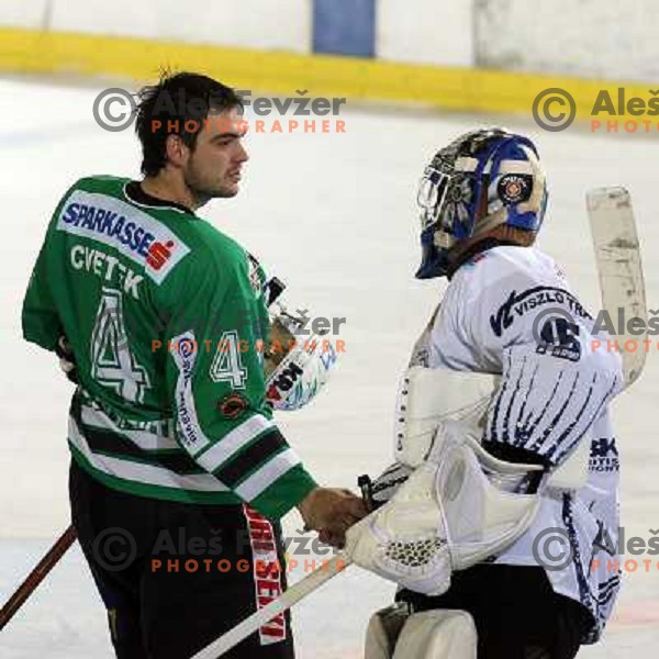 Cvetek shake hands with Budai after ice hockey match ZM Olimpija- Alba Volan in EBEL League, played in Ljubljana 19.10.2007.ZM Olimpija won 2:0.Photo by Ales Fevzer 