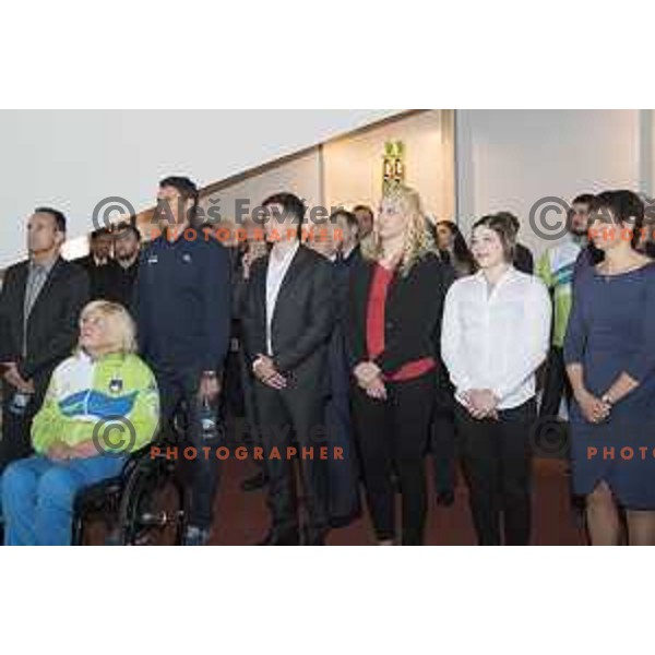 Tomaz Barada, Vasilij Zbogar, Maja Makovec Brencic, Tina Trstenjak, Anamari Velensek, Peter Kauzer, Veselka Pevec at Reception for Slovenian medalists of Rio 2016 Olympic games in Slovenian Olympic Centre in BTC, Ljubljana on December 13, 2016