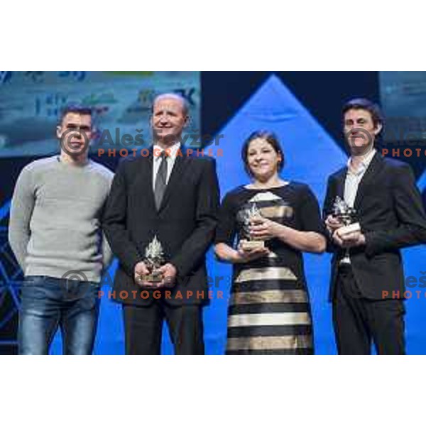 Nik Pem and Nik Zupancic of Slovenia ice hockey team, Tina Trstenjak , winner of Slovenian sportswoman of the year 2016 award and Peter Prevc, winner of Slovenian sportsman of the year 2016 award during Gala night in Cankar Hall, Ljubljana, Slovenia on December 13, 2016