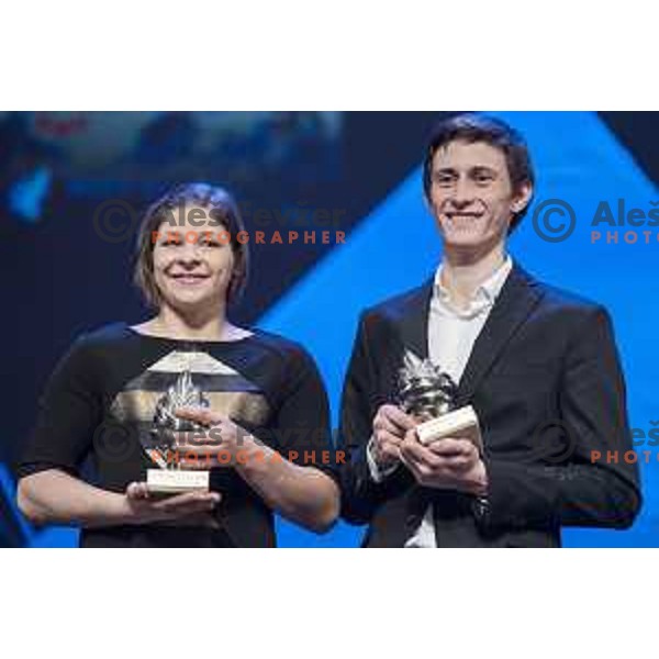 Tina Trstenjak , winner of Slovenian sportswoman of the year 2016 award and Peter Prevc, winner of Slovenian sportsman of the year 2016 award during Gala night in Cankar Hall, Ljubljana, Slovenia on December 13, 2016