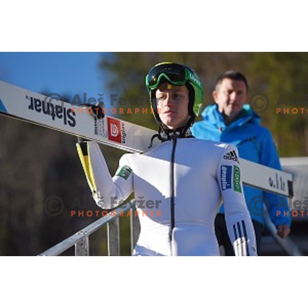 Peter Prevc of Slovenia ski team during jumping practice session and press conference in Planica on December 21, 2016