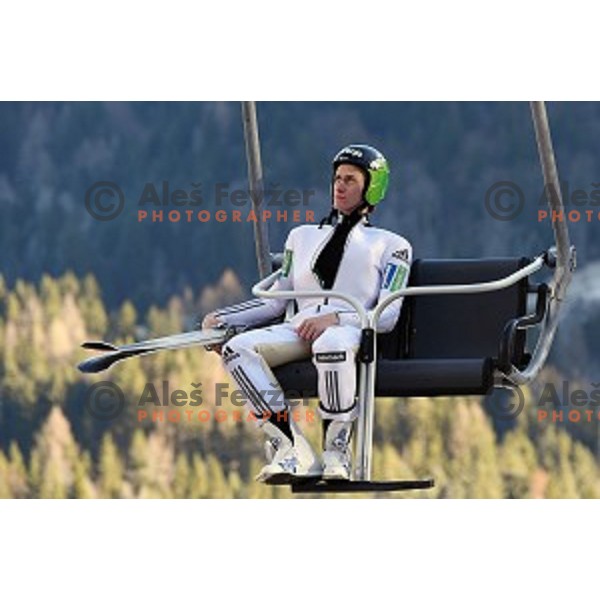 Peter Prevc of Slovenia ski team during jumping practice session and press conference in Planica on December 21, 2016