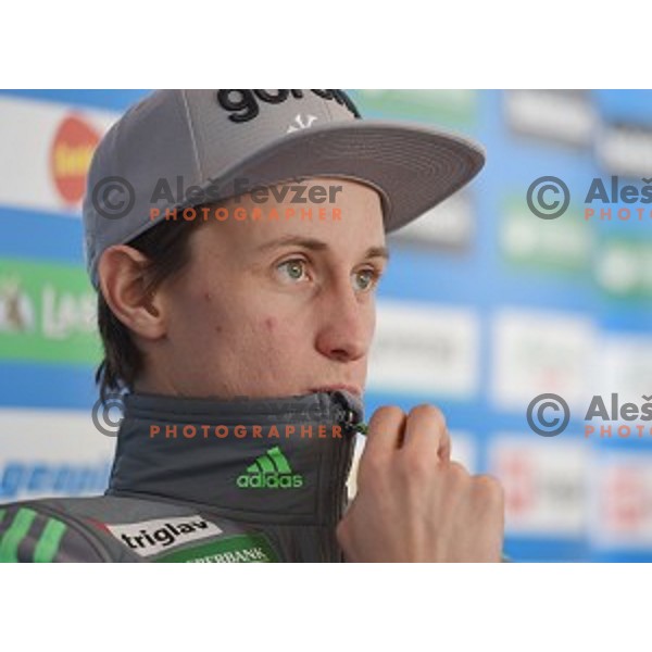 Peter Prevc of Slovenia ski team during jumping practice session and press conference in Planica on December 21, 2016