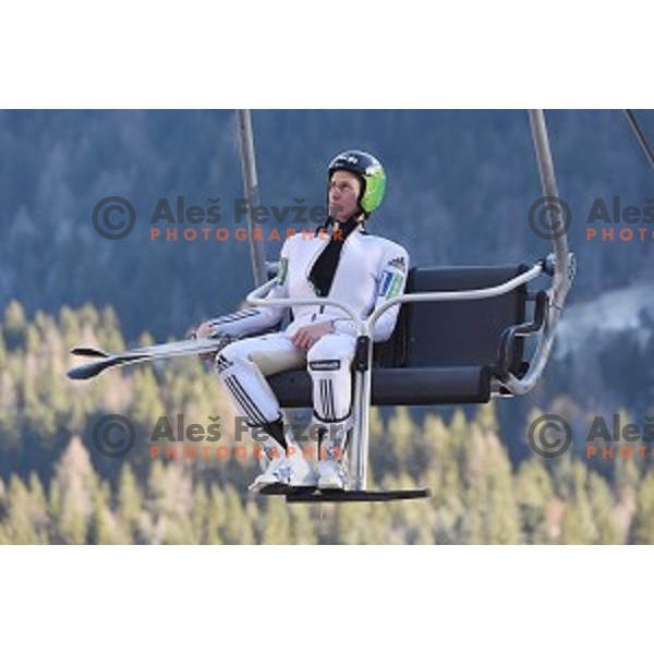 Peter Prevc of Slovenia ski team during jumping practice session and press conference in Planica on December 21, 2016
