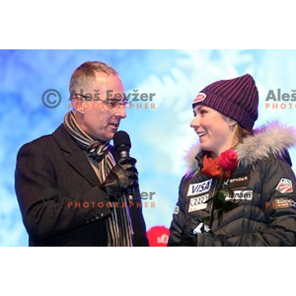 Igor E. Bergant and Mikaela Shiffrin (USA) at Public draw of starting numbers for 53. Golden Fox- Zlata Lisica Audi FIS Ski World Cup Giant Slalom in Maribor, Slovenia on January 6, 2017