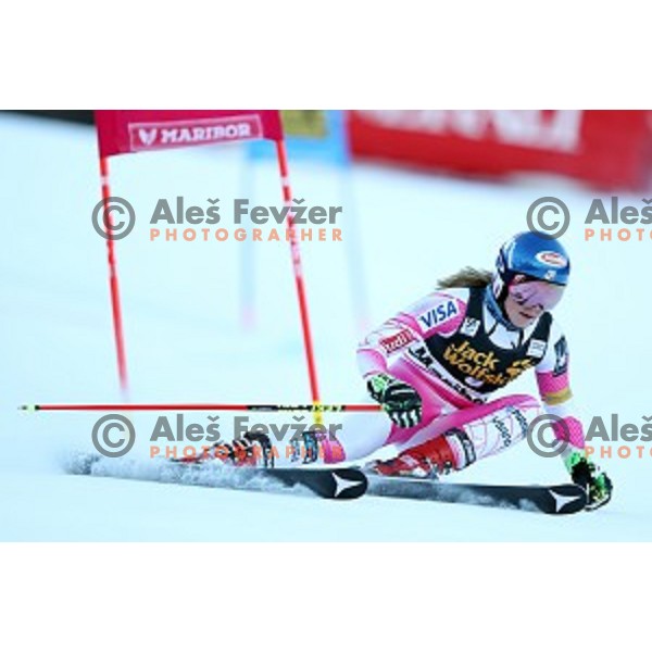 Mikaela Shiffrin (USA) skiing in the first run of 53. Golden Fox- Zlata Lisica Audi FIS Ski World Cup Giant Slalom in Maribor, Slovenia on January 6, 2017