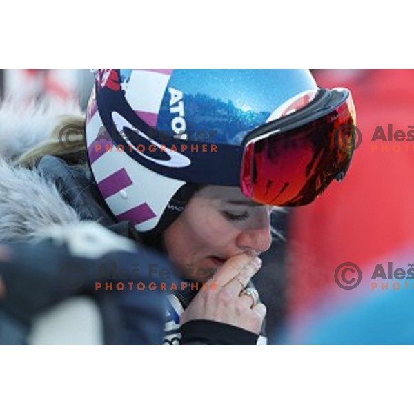 Mikaela Shiffrin (USA) reacts after finished fourth at 53. Golden Fox- Zlata Lisica Audi FIS Ski World Cup Giant Slalom in Maribor, Slovenia on January 6, 2017