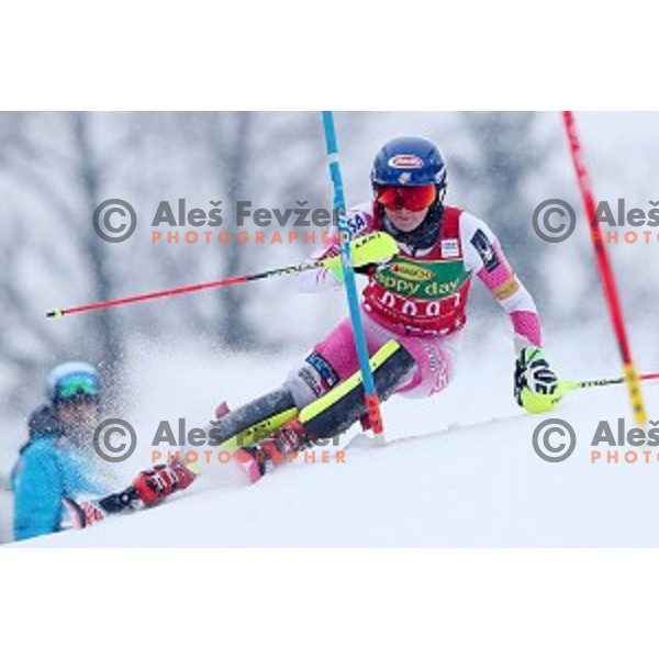 Mikaela Shiffrin (USA) skiing in the first run of 53. Golden Fox- Zlata Lisica Audi FIS Ski World Cup Slalom in Maribor, Slovenia on January 8, 2017