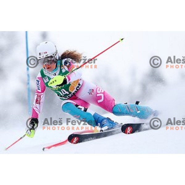 Resi Stiegler (USA) skiing in the first run of 53. Golden Fox- Zlata Lisica Audi FIS Ski World Cup Slalom in Maribor, Slovenia on January 8, 2017