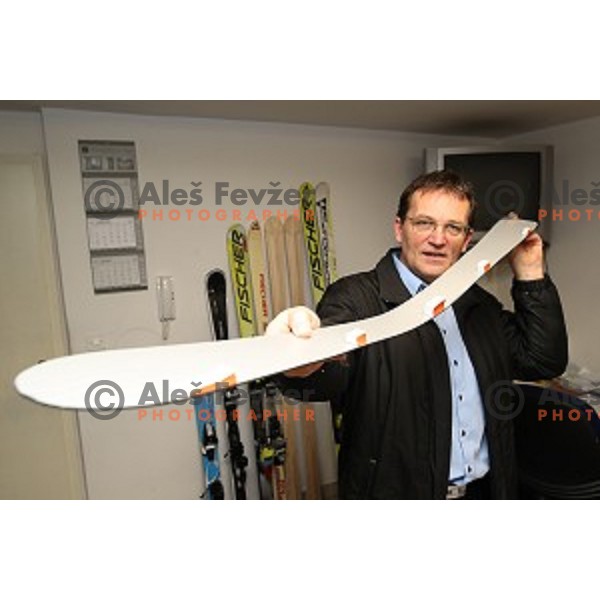 Slovenian inovator Mojmir Flisek explains his side wall patent for alpine racing skis in his studio in Ljubljana on January 14, 2017