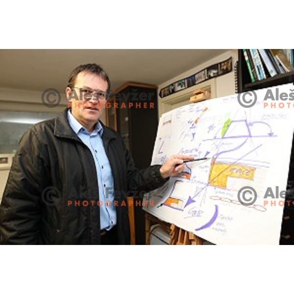 Slovenian inovator Mojmir Flisek explains his side wall patent for alpine racing skis in his studio in Ljubljana on January 14, 2017