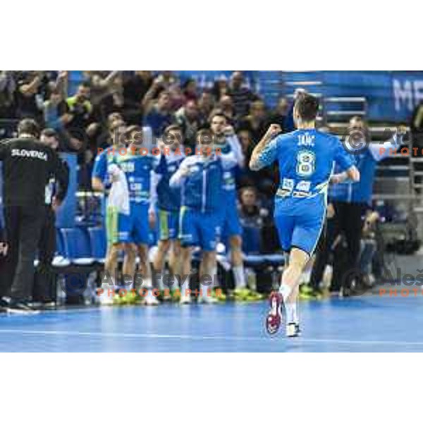 Slovenia’s Blaz Janc (8) celebrating during IHF World Championship group stage match between Slovenia and Macedonia, in Arena Metz, Metz on January 16th, 2017