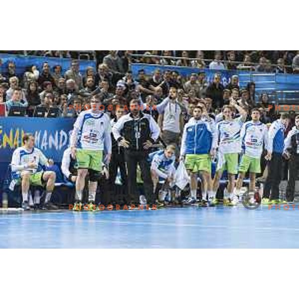 Team Slovenia reacting during IHF World Championship group stage match between Spain and Slovenia, in Arena Metz, Metz on January 19th, 2017 