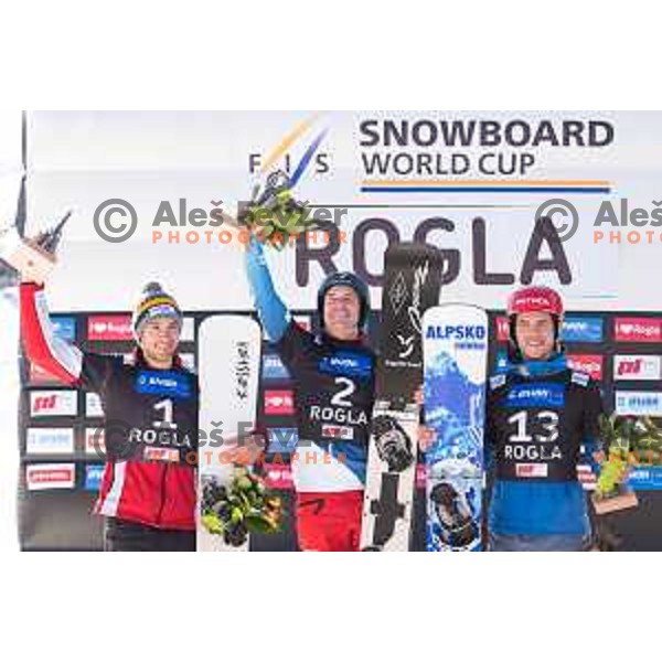 Radoslav Yankov, Nevin Galmarini and Zan Kosir during the Rogla FIS Snowboard World Cup 2016/17 parallel giant slalom, Rogla, Slovenia, on January 28, 2017.